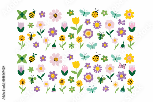 Colorful assortment of flowers butterflies bees and ladybugs on white