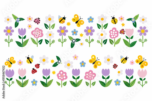 Colorful illustration of flowers butterflies and strawberries in a repeating pattern