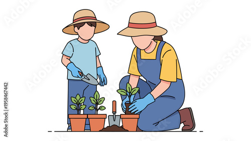Gardening Together: A heartwarming scene unfolds as a mother and child bond over planting a new plant. Together they nurture new life and create a thriving plant