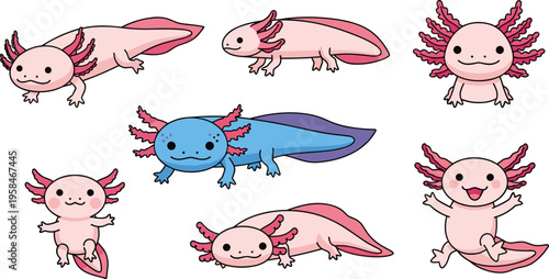 Cute Axolotl Animal Icon Set with Cartoon Salamander Characters Different Poses Smiling Swimming and Adorable Amphibian Illustrations for Kids Design Collection