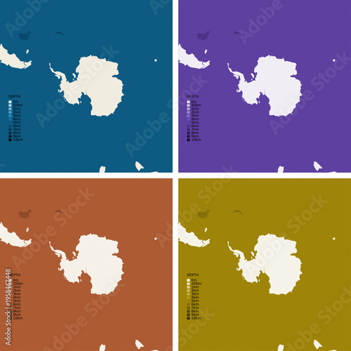South Polar Bathymetric Ocean Depth Map - Gnomonic Projection - Scalable Multi-Color Seafloor Relief Topography with Depth Legend Showing Continental Shelves Mid-Ocean Ridges and Abyssal Plains