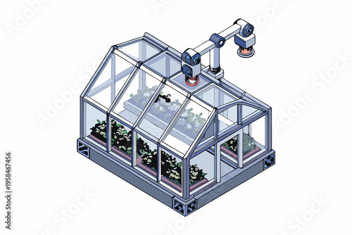 Robotic arm tending to plants inside a transparent greenhouse structure