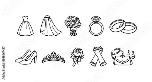 Collection of wedding icons including dress, veil, rings, and accessories