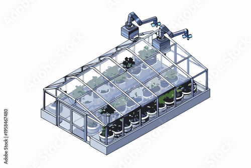 Automated greenhouse with robotic arms tending to potted plants inside