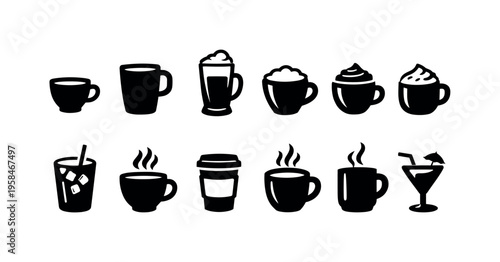 Collection of diverse beverage icons including coffee cups, mugs, and a cocktail