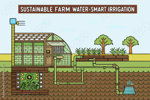 Illustration of a sustainable farm with water smart irrigation systems