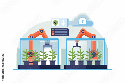 Automated robotic arms tending to plants within protective enclosures