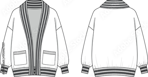 Oversized Women's Varsity Knit Cardigan Technical Flat Sketch Vector with Striped Ribbed Trim Shawl Collar and Patch Pockets Fashion CAD Illustration