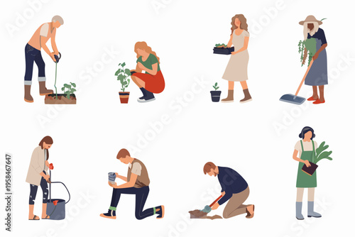 Diverse group of people gardening and tending to plants outdoors
