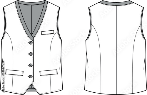 Technical Fashion Flat Sketch of a Classic Waistcoat Vest for Men and Women Featuring V-Neck Design with Front Buttons and Pockets
