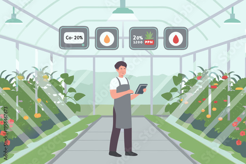 A farmer monitors plant health metrics within a modern automated greenhouse