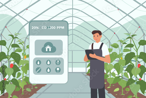A greenhouse worker monitors air quality and plant health with technology