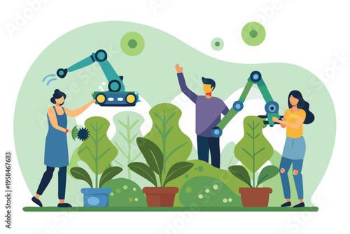 People interacting with robotic arms amidst lush green foliage