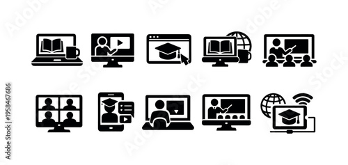 Collection of online education and e-learning icons for digital learning platforms