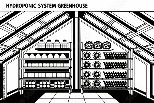 Schematic illustration of a hydroponic system inside a greenhouse structure