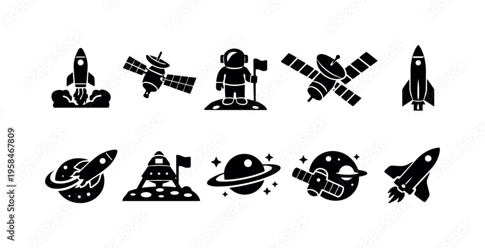 Obraz premium Collection of black space-themed icons featuring rockets, astronauts, and satellites