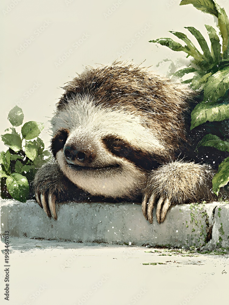 Naklejka premium Serene Sloth in Tropical Foliage: Watercolor Wildlife Art
