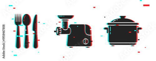 Kitchen utensils and cookware including grinder pot on white. Glitch effect