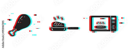 Meat and kitchen appliance icons showing cooking and heating in kitchen. Glitch effect
