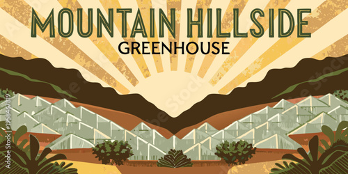 Vintage illustration of a mountain hillside with a greenhouse and sunburst