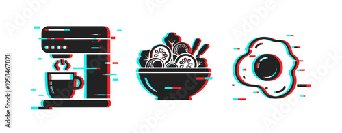 Breakfast icons depicting coffee, salad, egg on white background. Glitch effect