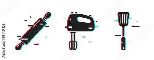 Rolling pin hand mixer and spatula illustrated on white background. Glitch effect