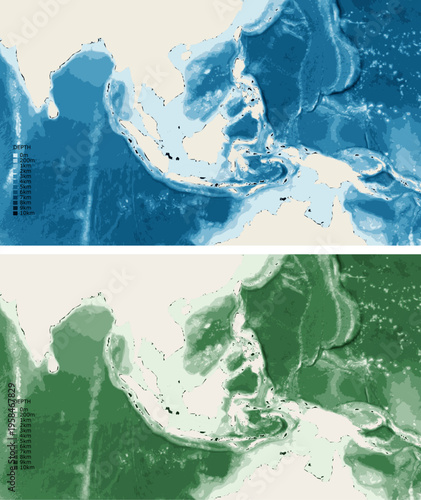 Southeast Asia Bathymetric Ocean Depth Map - Mercator Projection - Scalable Multi-Color Seafloor Relief Topography with Depth Legend Showing Continental Shelves Mid-Ocean Ridges and Abyssal Plains