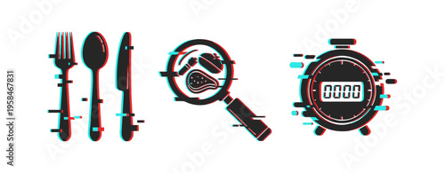 Cutlery and food inspection icons indicating timer in kitchen. Glitch effect