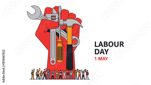 Celebrating Labour Day: A vibrant illustration celebrates Labor Day, showcasing a clenched fist holding essential tools, symbolizing the strength and contribution of workers across all industries.
