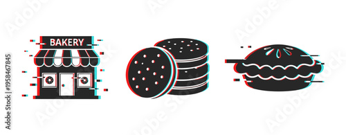 Bakery storefront cookies and pastry icons on white background. Glitch effect