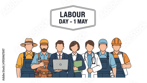 Labour Day Celebration: A diverse group of people from different professions stands in solidarity. A symbol of honoring hard work.