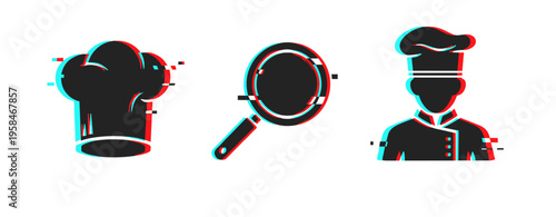 Chef icons representing cooking, search, and professional roles on white. Glitch effect