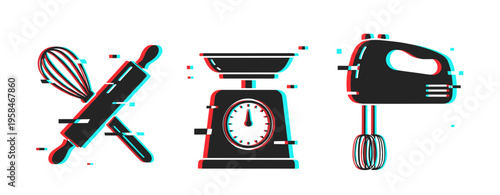 Baking utensil icons showing mixing measuring and preparation. Glitch effect