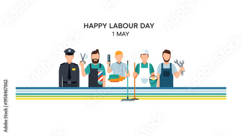 Happy Labor Day Illustration: A vibrant illustration showcasing various workers representing different professions, celebrating labor day and highlighting the contributions of workers.