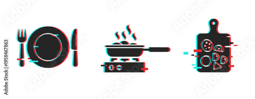 Plate pan and chopping board icons showing glitch on white background. Glitch effect
