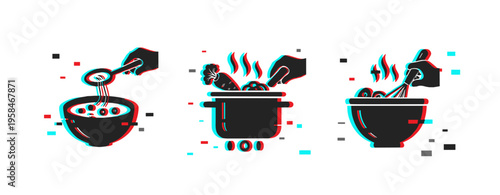 Three cooking icons showing stirring serving and simmering pots. Glitch effect
