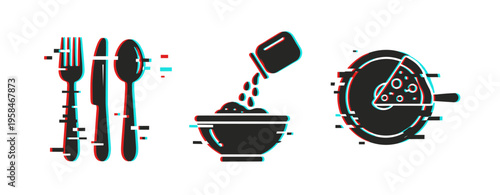 Dining and cooking icons showing utensils seasoning and pizza on white background. Glitch effect