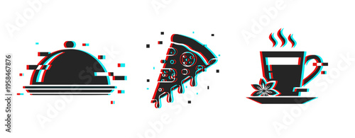Food icons showing dish pizza slice and tea on white. Glitch effect