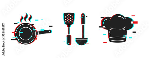 Cooking utensils frying pan and chef hat in kitchen icons. Glitch effect