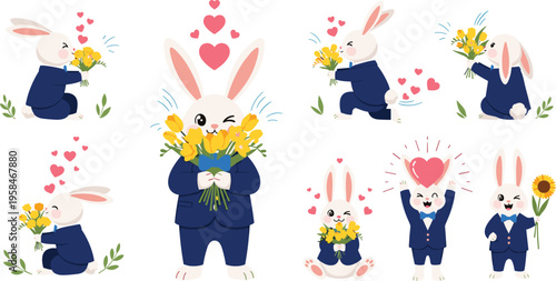Cute White Rabbit Character Set in Blue Suit Holding Yellow Flowers and Hearts for Romantic Valentine Day Greeting Cards and Spring Celebration Vector Designs