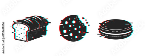 Baked goods loaf cookie and macaron icons on white background. Glitch effect