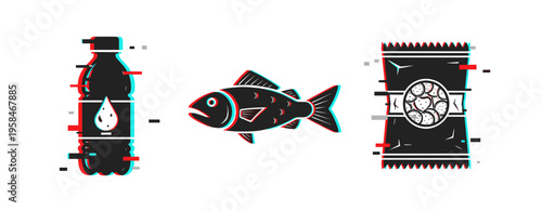 Food icons depicting bottled water fish and snack packaging. Glitch effect