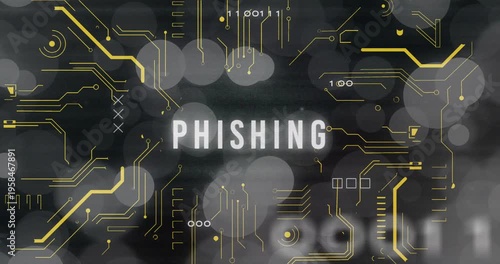 Animation of phishing text, x symbol, binary codes, circuit board pattern over bokeh effect