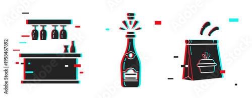 Bar counter wine bottle and takeout bag icons with glitch. Glitch effect