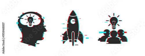 Head with lightbulb, rocket and team indicating idea launch. Glitch effect