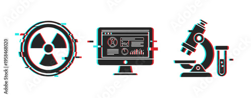 Science icons representing radiation analysis computer and microscope. Glitch effect