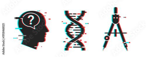 Human mind questioning alongside dna and drafting compass icons. Glitch effect