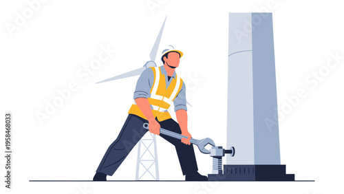 Engineering the Future: An engineer diligently tightens bolts on the base of a towering wind turbine, embodying the precision and dedication required for renewable energy innovation.