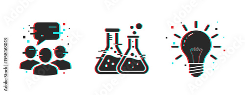 Group discussion lab experiments and idea light bulb icons. Glitch effect