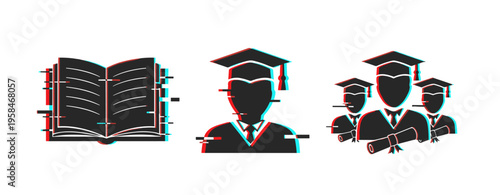 Open book graduate and group graduation icons on white background. Glitch effect